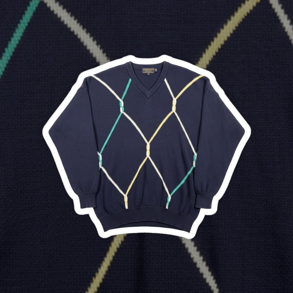 Brooks Brothers Vintage Argyle Knit Sweater Mens XL Navy Blue Cotton V-Neck 90s